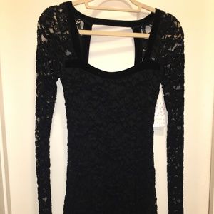 Black Lace Long Sleeve Dress with Velvet Detailing